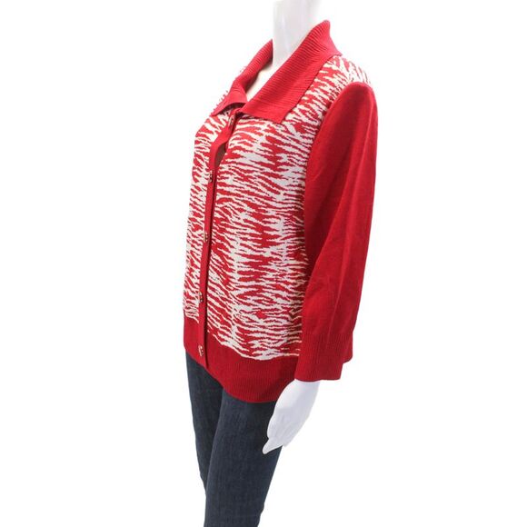 St. John Womens Knit Abstract Collared Long Sleeve Cardigan Sweater Red Size L - Picture 2 of 6